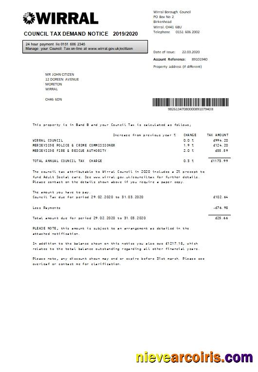 United Kingdom Wirral council tax bill